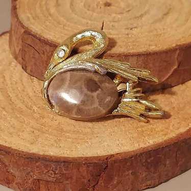 Vintage Golden & Petoskey Stone Swan Brooch - image 1