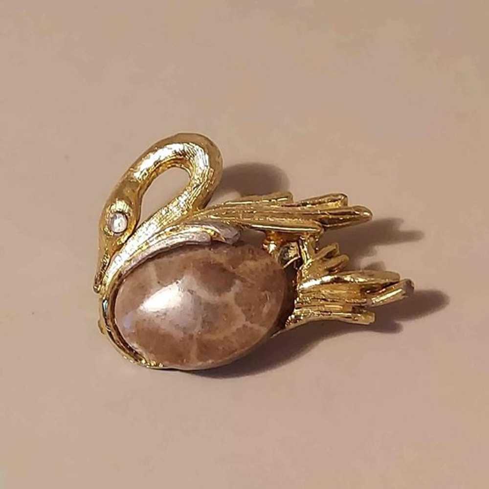 Vintage Golden & Petoskey Stone Swan Brooch - image 2