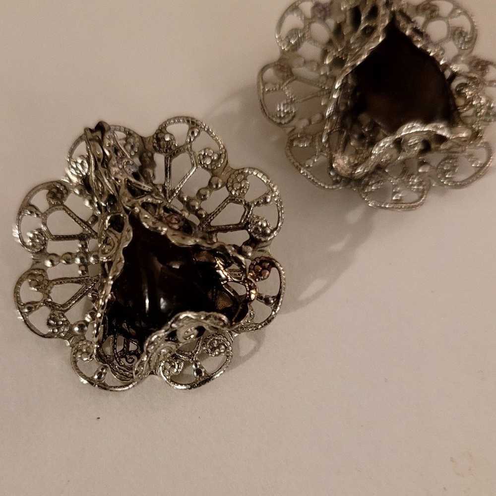 Earringsvintage Silver Tone Filigree and Smokey Q… - image 1