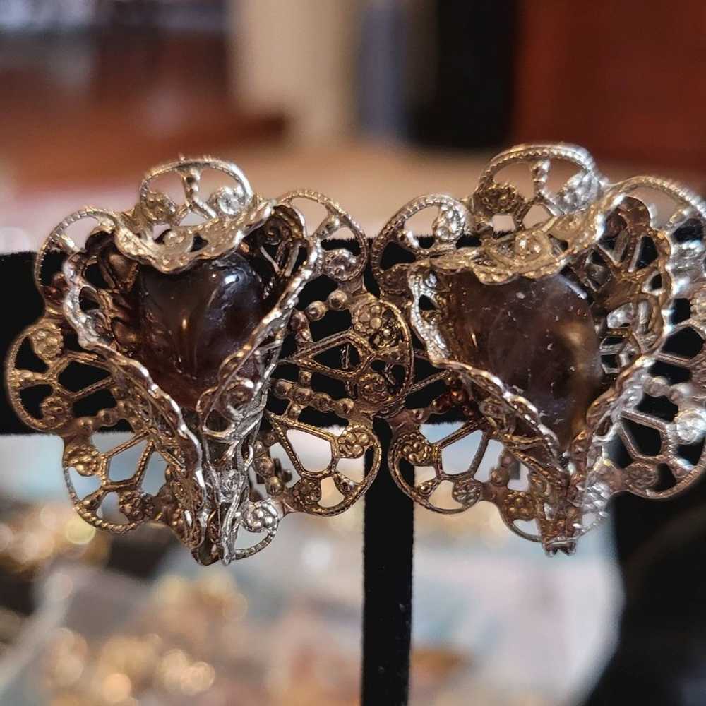 Earringsvintage Silver Tone Filigree and Smokey Q… - image 2