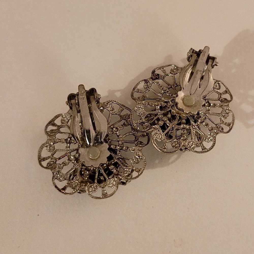 Earringsvintage Silver Tone Filigree and Smokey Q… - image 3