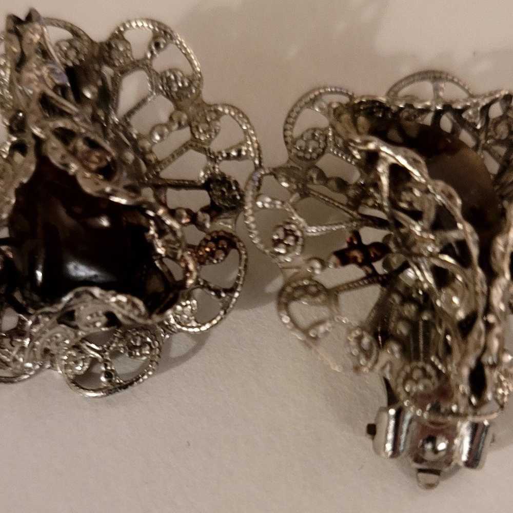 Earringsvintage Silver Tone Filigree and Smokey Q… - image 4