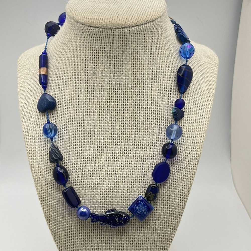 Vintage Royal Blue Beaded Fish Necklace Beach Sea… - image 7