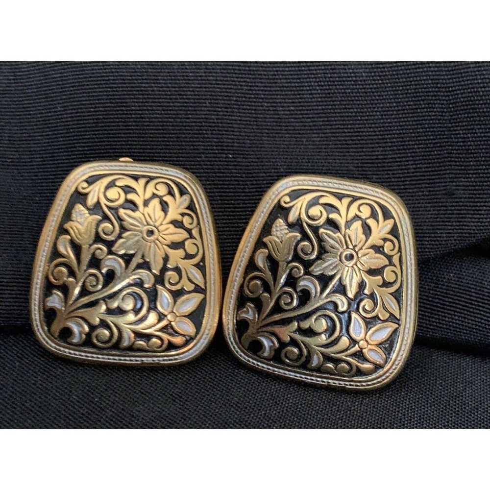 Vintage Faux Damascene Clip on Earrings Floral - image 1