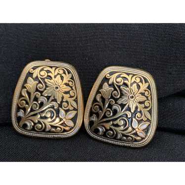 Vintage Faux Damascene Clip on Earrings Floral - image 1