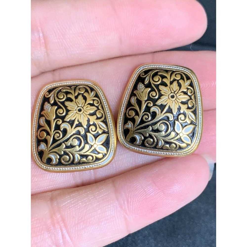 Vintage Faux Damascene Clip on Earrings Floral - image 2