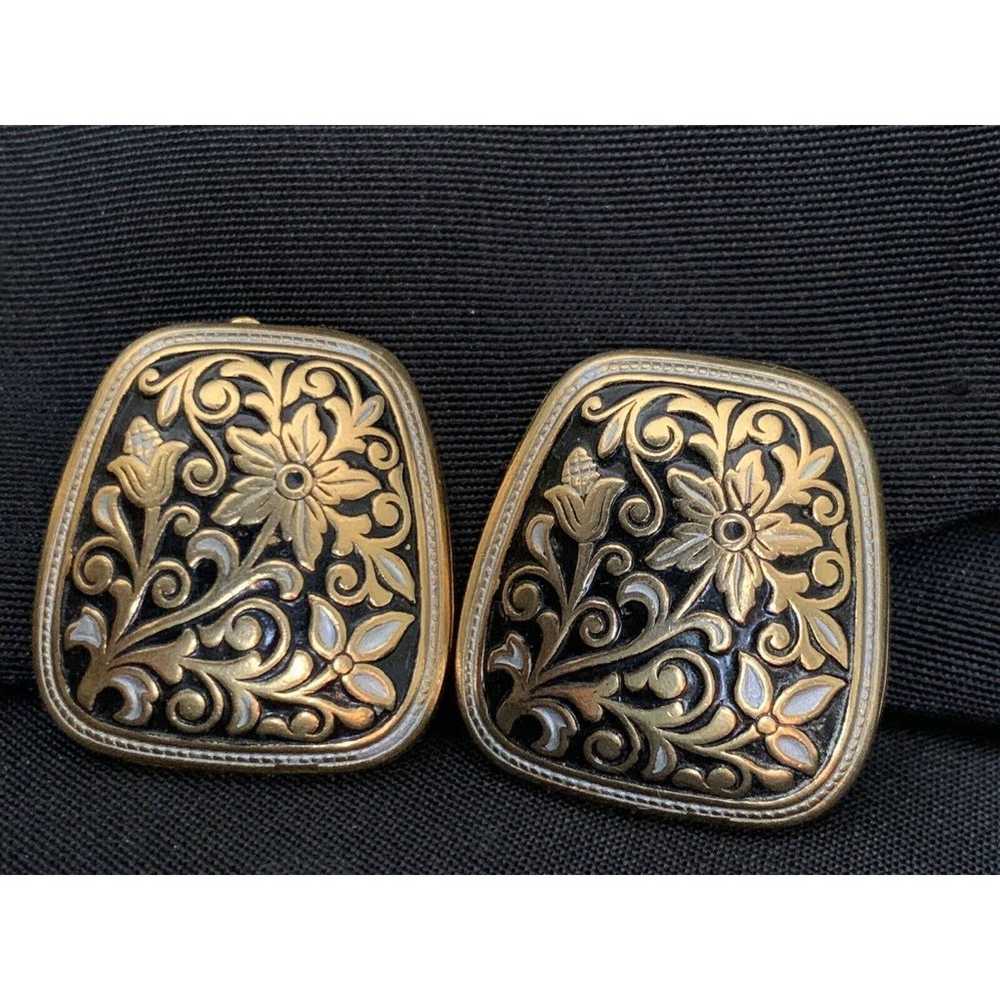 Vintage Faux Damascene Clip on Earrings Floral - image 3