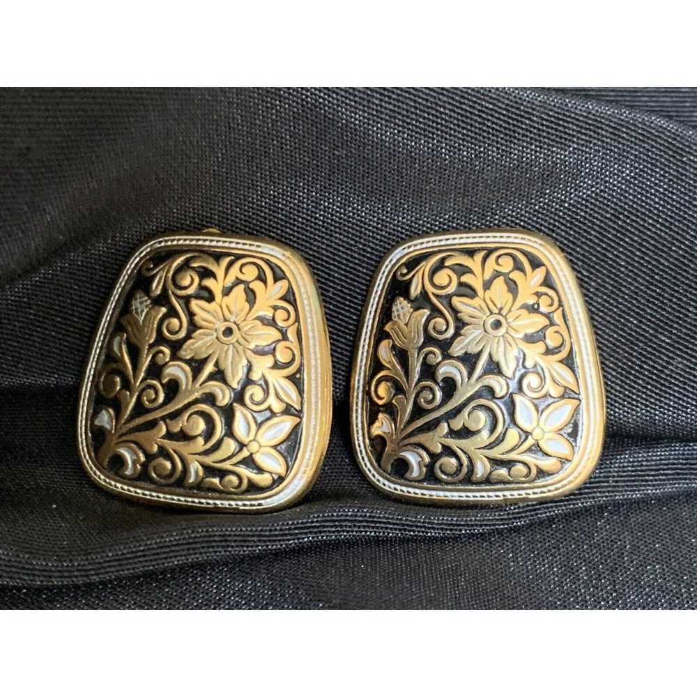 Vintage Faux Damascene Clip on Earrings Floral - image 5