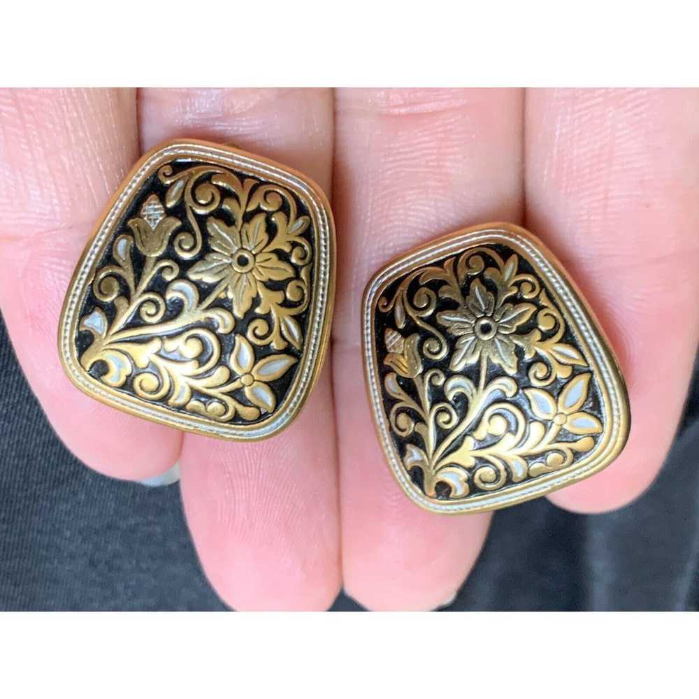 Vintage Faux Damascene Clip on Earrings Floral - image 6