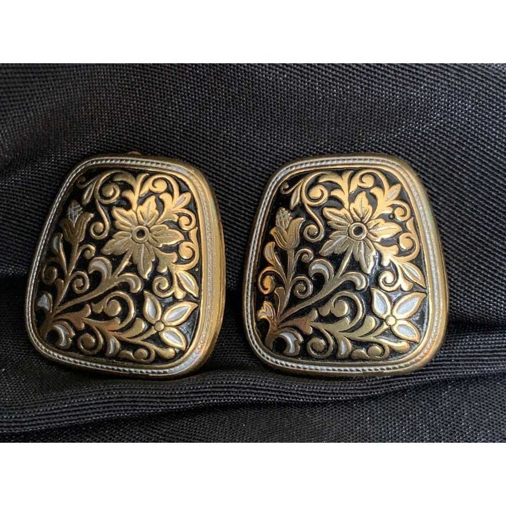 Vintage Faux Damascene Clip on Earrings Floral - image 7