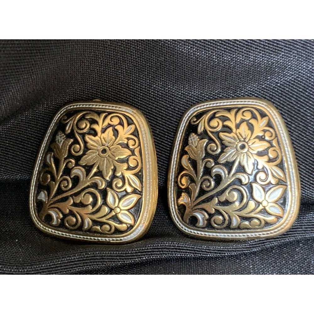 Vintage Faux Damascene Clip on Earrings Floral - image 8