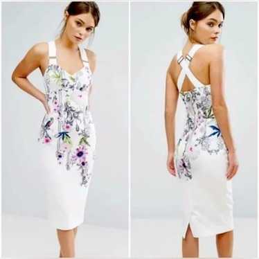 Elegant White Floral Bird Print Bodycon Midi Dress