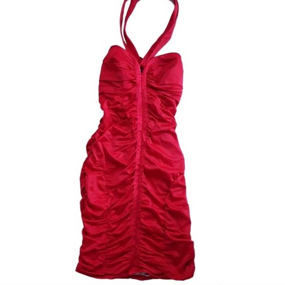 bebe Red Satin Ruched Bodycon Dress - image 1