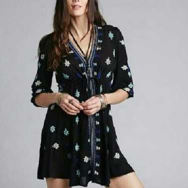 Free People Stargazer Mini Dress hot Embroidered V-Neck Tie Waist Black Blue Small