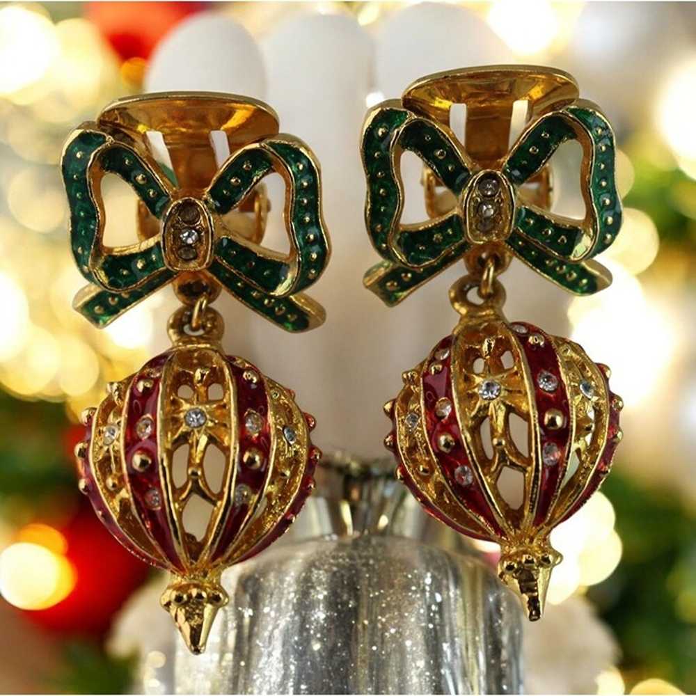 Vintage Christmas Bow & Ornament Clip-On Earrings… - image 1