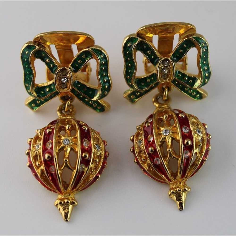 Vintage Christmas Bow & Ornament Clip-On Earrings… - image 2