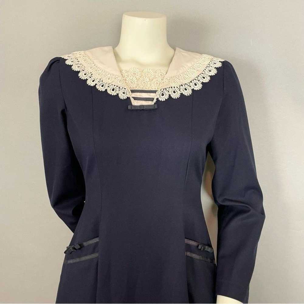 Vintage Victorian Dress Lolita Lace Collar Navy B… - image 3