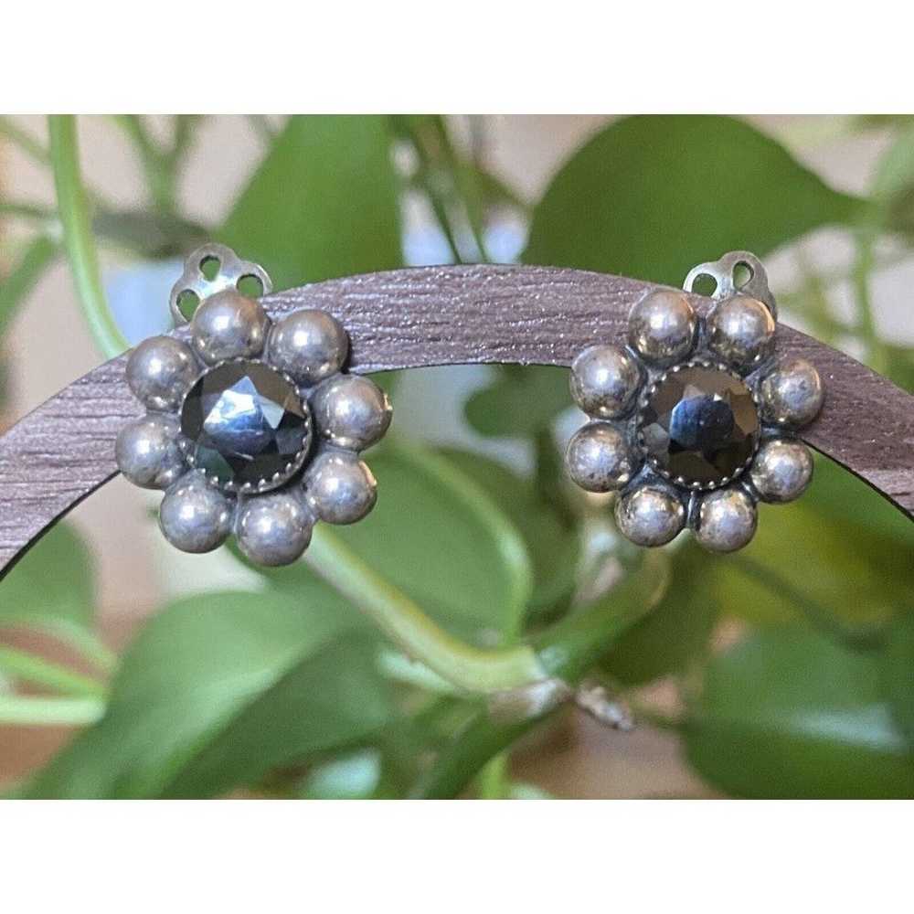 Vintage Sterling Silver Hematite Puffy Floral Cli… - image 2