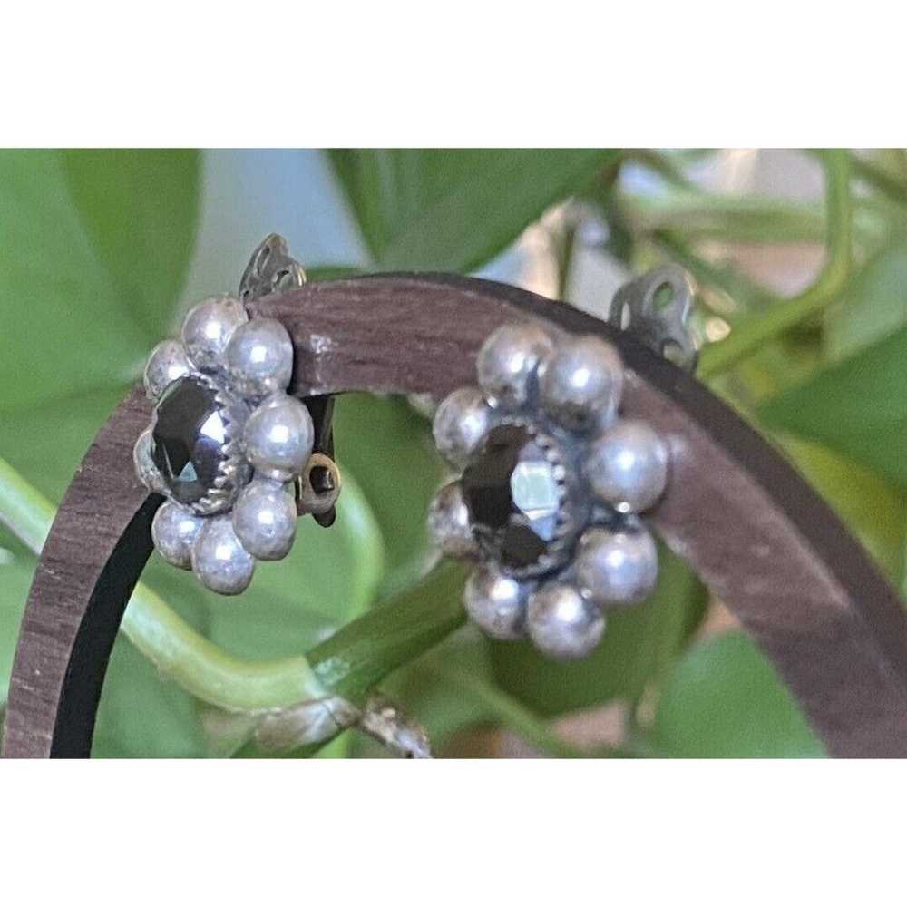 Vintage Sterling Silver Hematite Puffy Floral Cli… - image 3