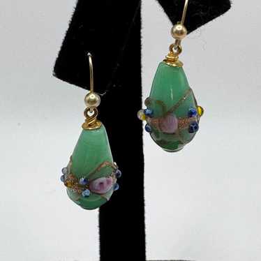 Vintage Green Art Glass Dangle Earrings