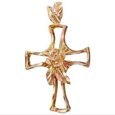 Gold Over Sterling Diamond Cut 3D Rose Open Cross… - image 1