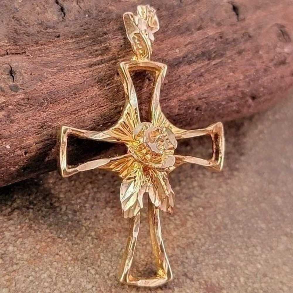 Gold Over Sterling Diamond Cut 3D Rose Open Cross… - image 2