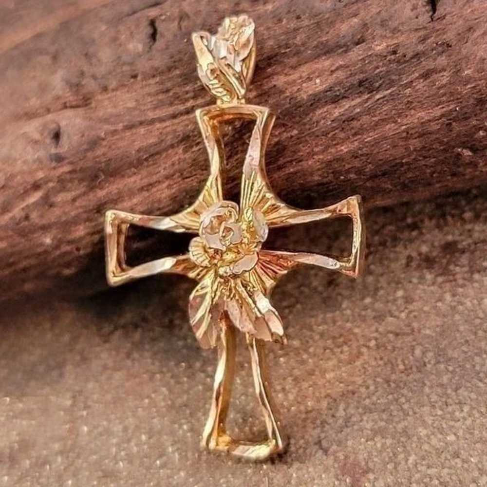 Gold Over Sterling Diamond Cut 3D Rose Open Cross… - image 3