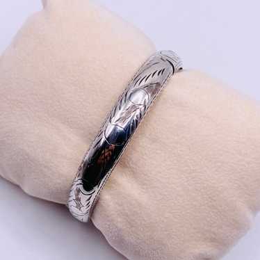 Vintage Etched Sterling Silver Hinged Bangle Brace