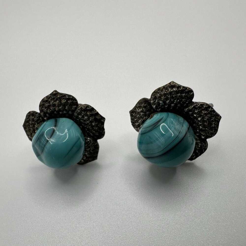 Vintage Silver Blue Glass Flower Screwback Earrin… - image 2