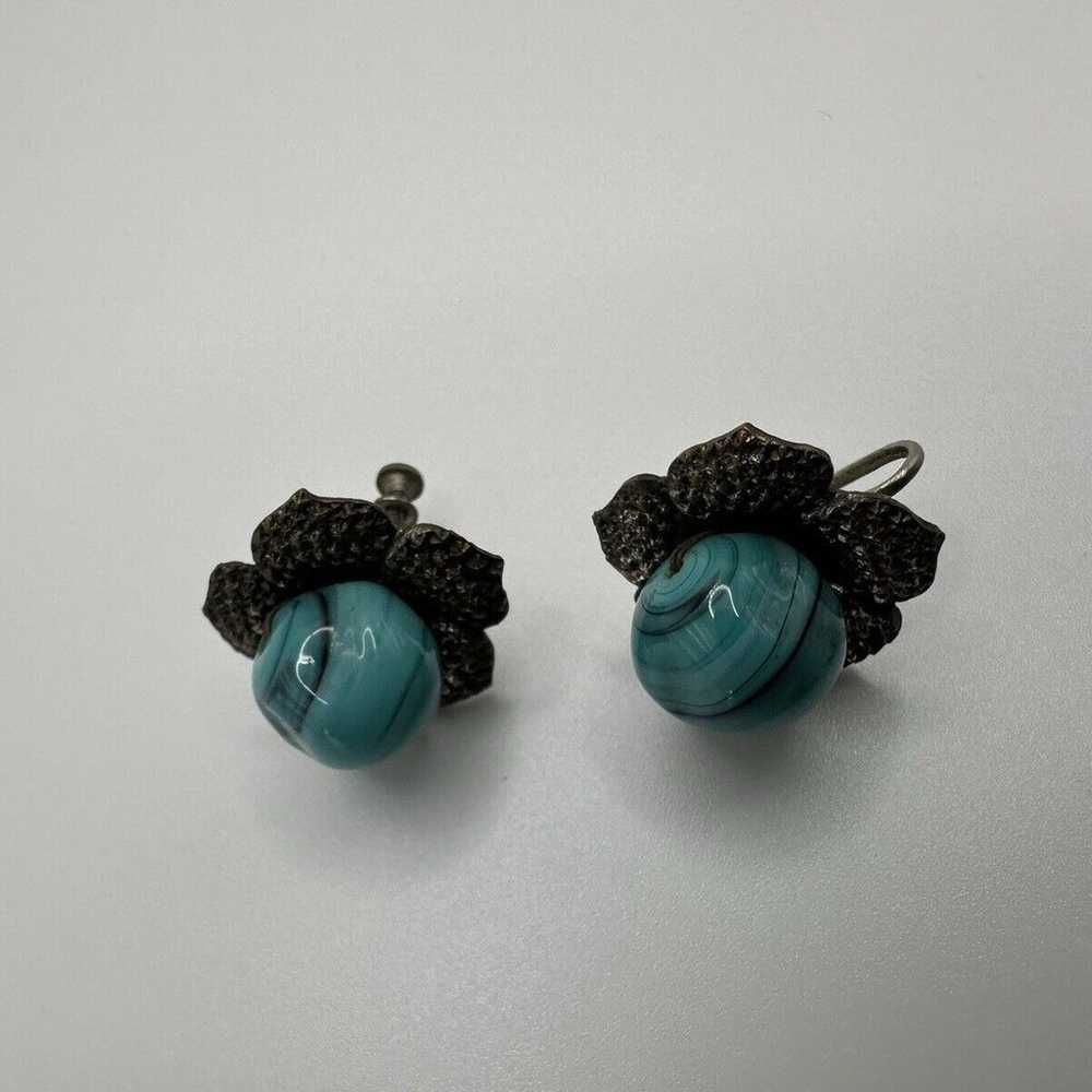 Vintage Silver Blue Glass Flower Screwback Earrin… - image 3