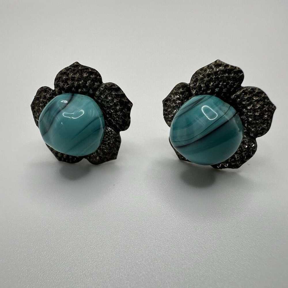 Vintage Silver Blue Glass Flower Screwback Earrin… - image 4