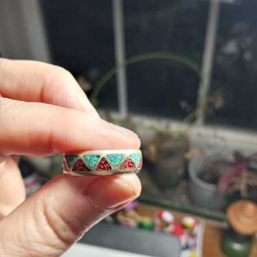 Turquoise  and coral Ring 925 silver setting