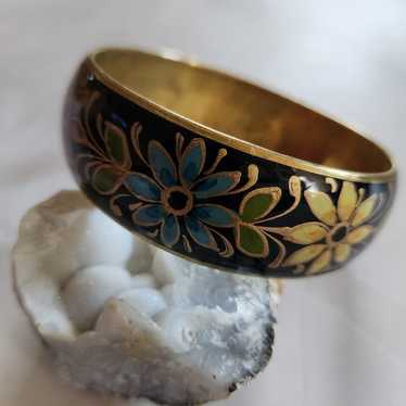 Vintage Black Floral  Etched Painted Bracelet - image 1