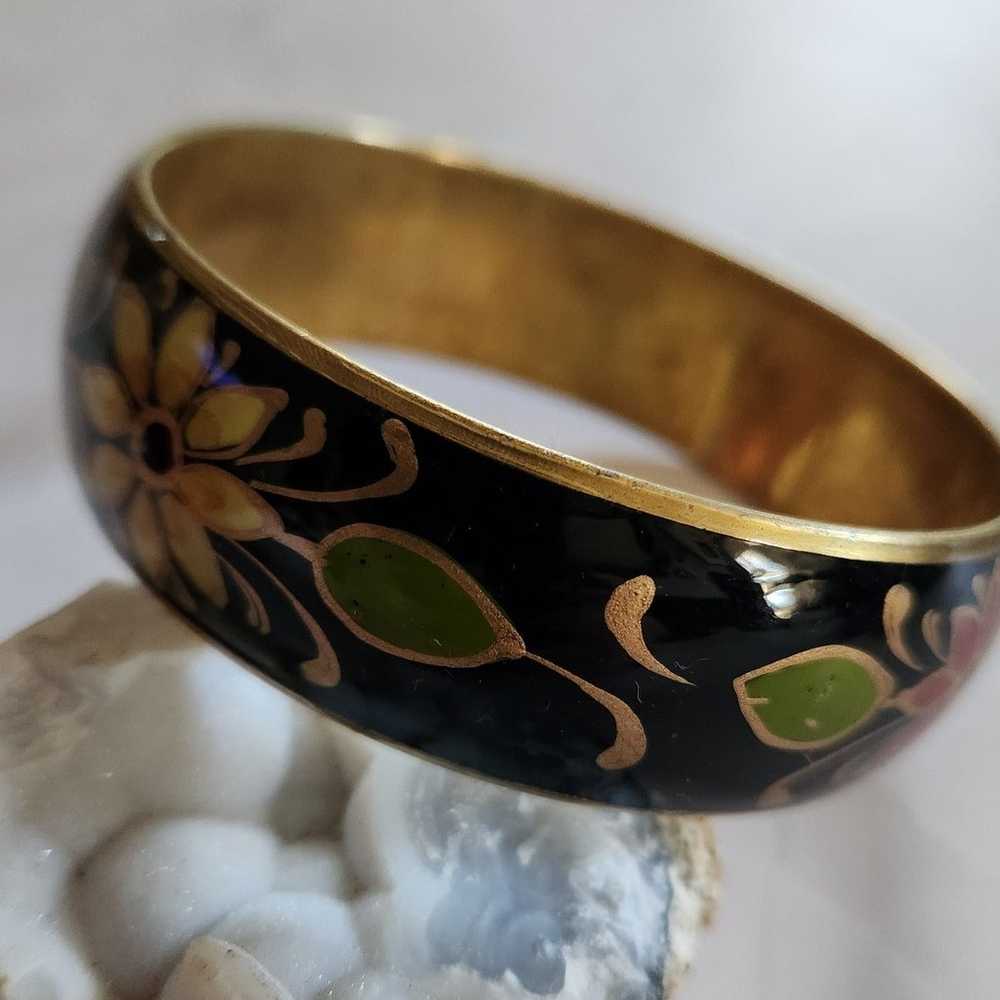 Vintage Black Floral  Etched Painted Bracelet - image 2