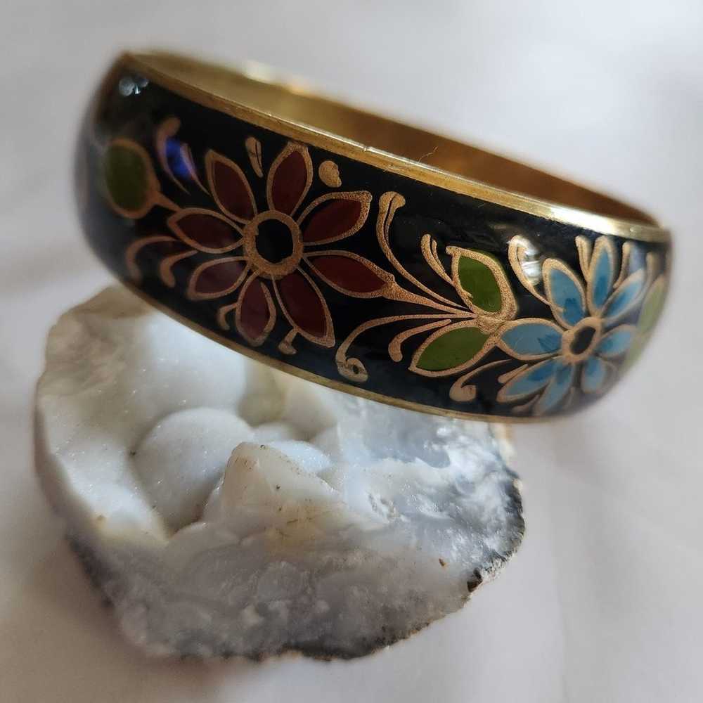 Vintage Black Floral  Etched Painted Bracelet - image 3