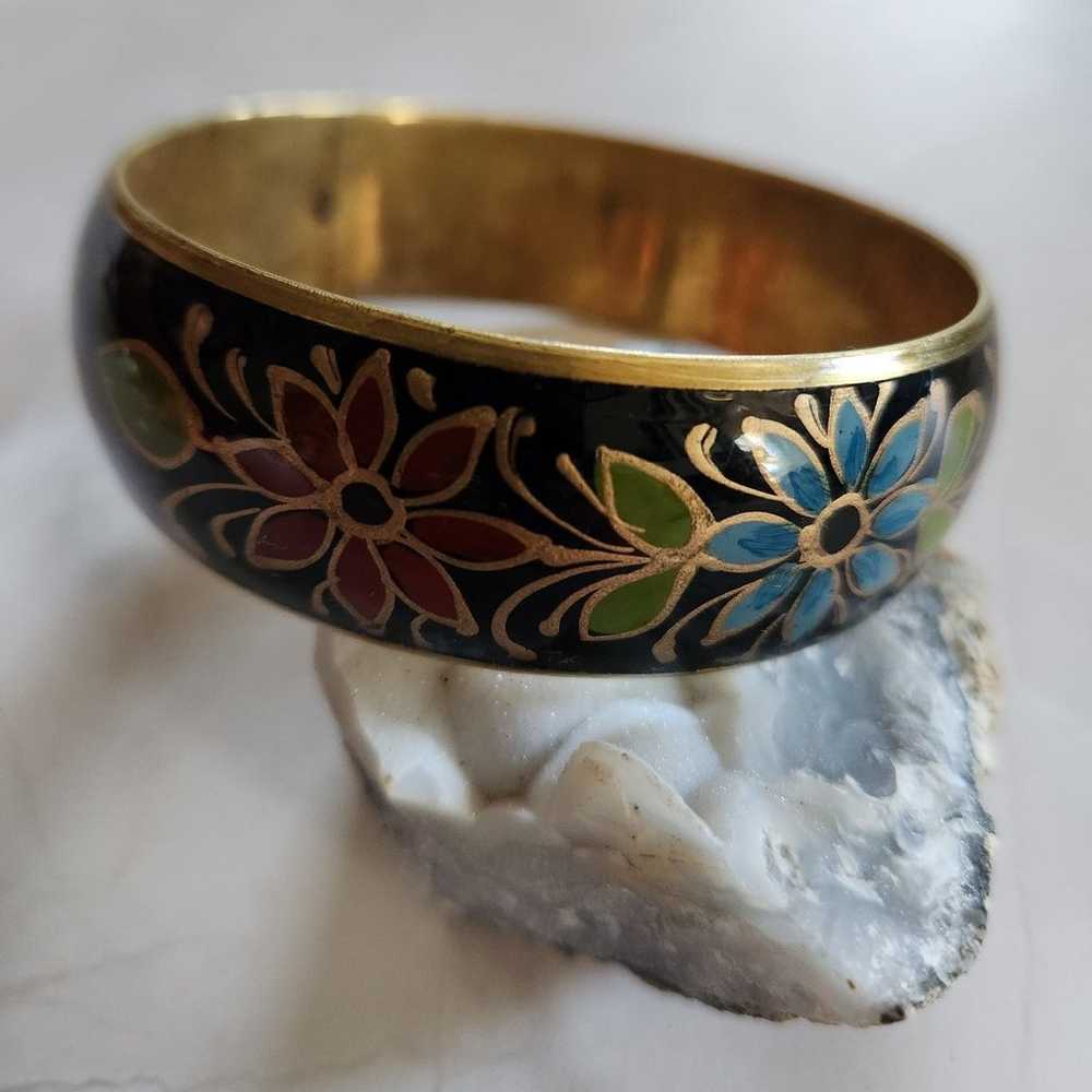 Vintage Black Floral  Etched Painted Bracelet - image 4