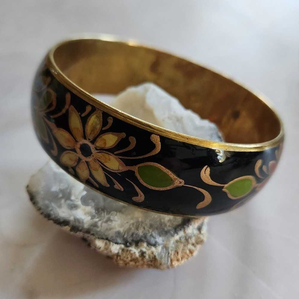 Vintage Black Floral  Etched Painted Bracelet - image 5