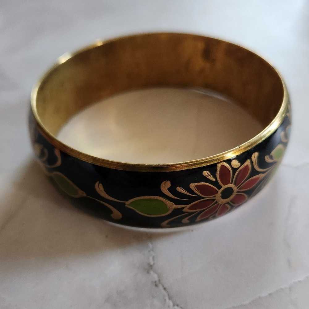 Vintage Black Floral  Etched Painted Bracelet - image 7