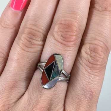 Sterling Turquoise, Coral, MOP, Onyx Ring