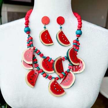 Vintage Handpainted Wood Bead Watermelon Necklace 