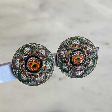 Vintage Micro Mosaic Round Clip On Earrings