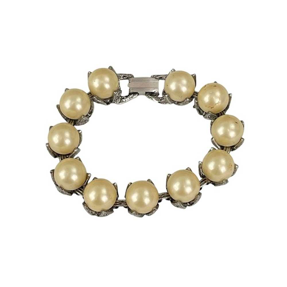 Vintage Faux Pearl & Rhinestone Silver-Tone Brace… - image 1