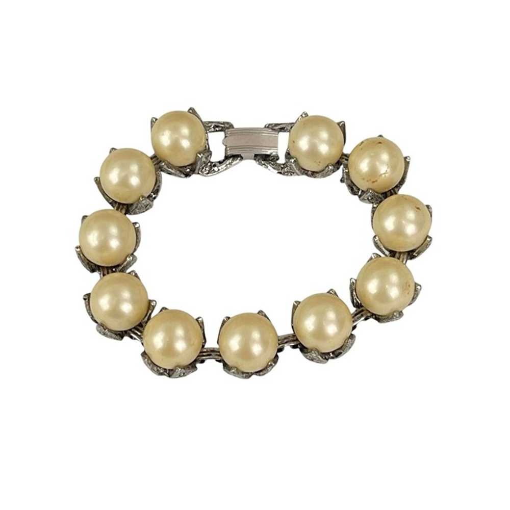 Vintage Faux Pearl & Rhinestone Silver-Tone Brace… - image 2