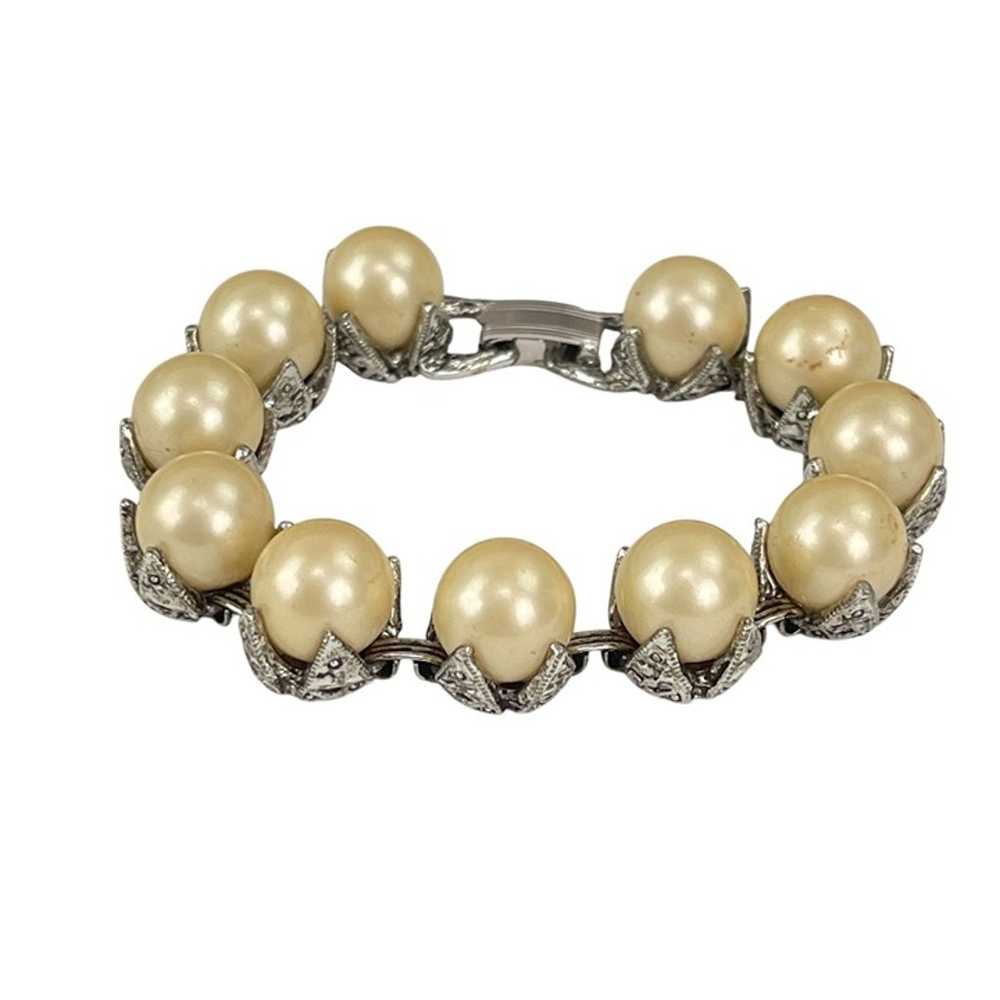 Vintage Faux Pearl & Rhinestone Silver-Tone Brace… - image 3