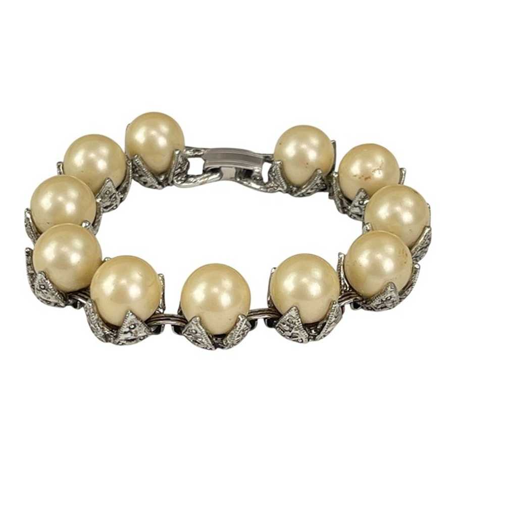 Vintage Faux Pearl & Rhinestone Silver-Tone Brace… - image 4