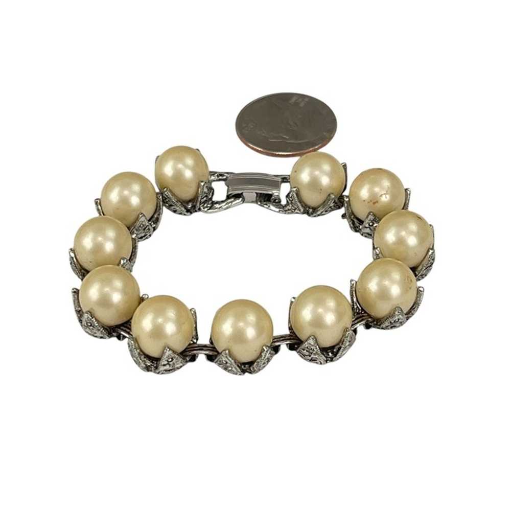 Vintage Faux Pearl & Rhinestone Silver-Tone Brace… - image 5