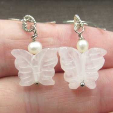 Sterling Silver Cut Rose Quartz Butterfly & Pearl… - image 1