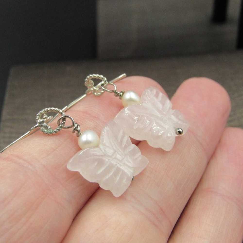 Sterling Silver Cut Rose Quartz Butterfly & Pearl… - image 2