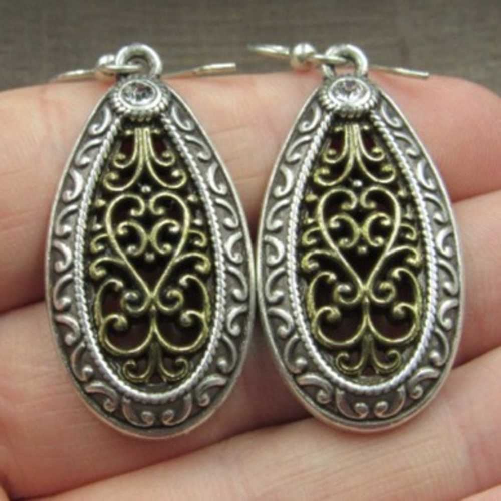 Sterling Silver Heavy Two Tone Ornate Crystal Ear… - image 1