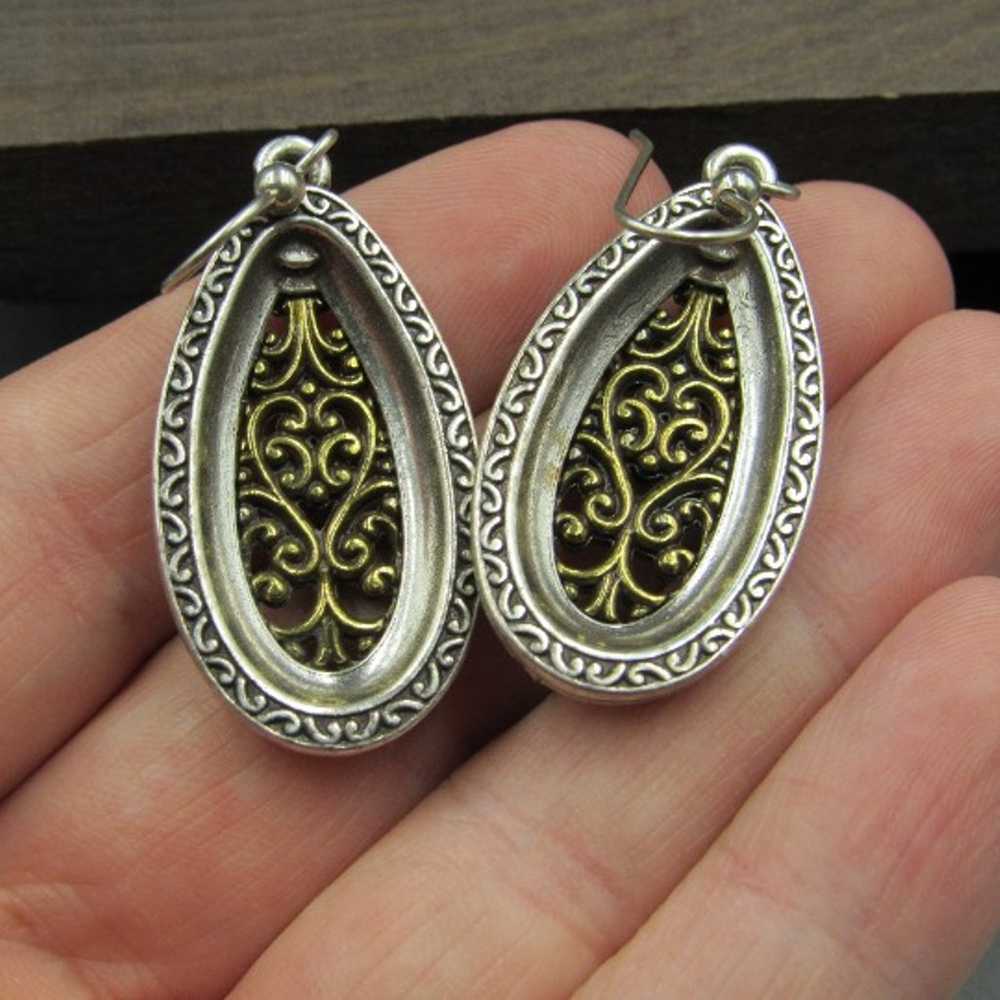 Sterling Silver Heavy Two Tone Ornate Crystal Ear… - image 4